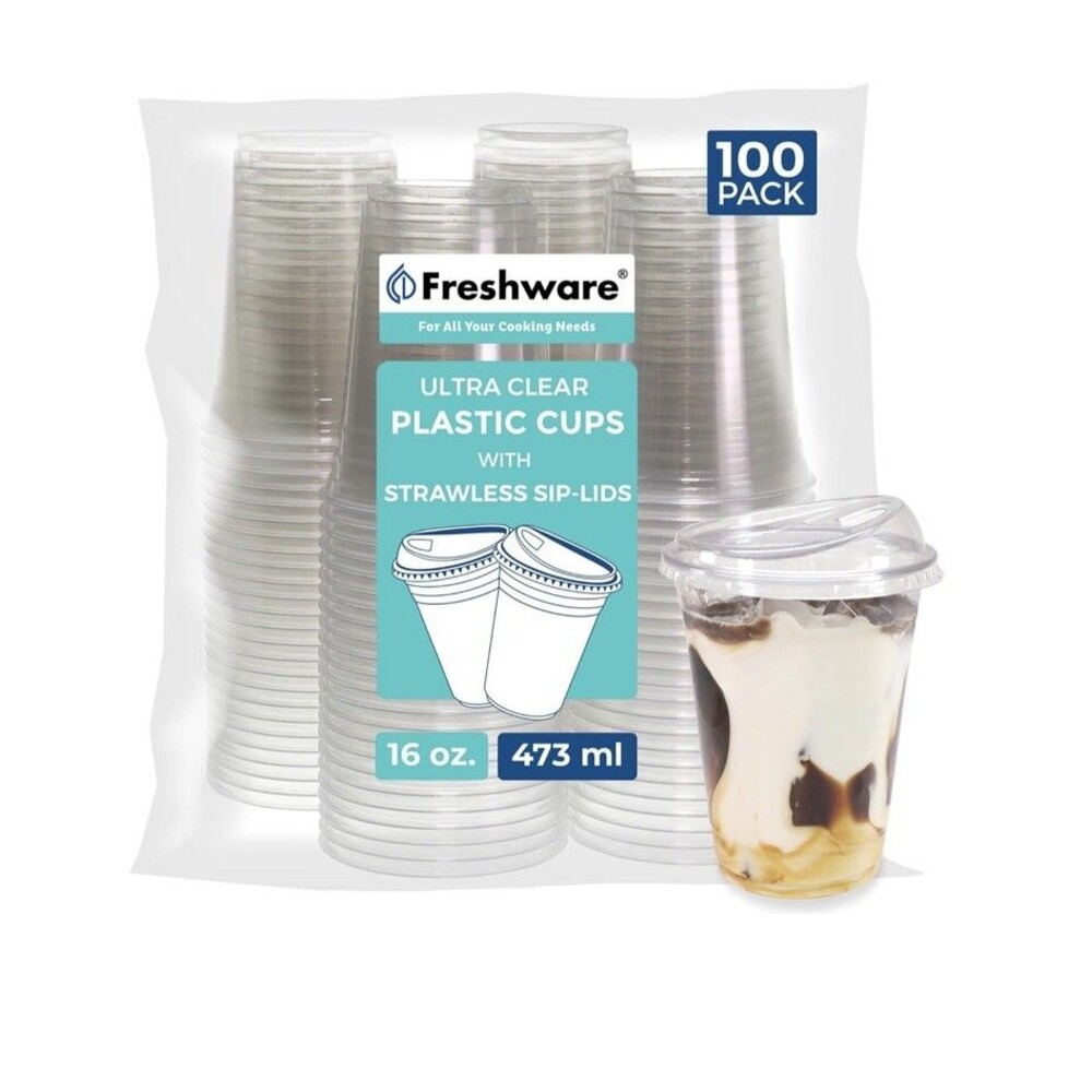 100 Pack -16 oz  Clear Disposable Plastic Cups  With Sip Lids. Strawless New